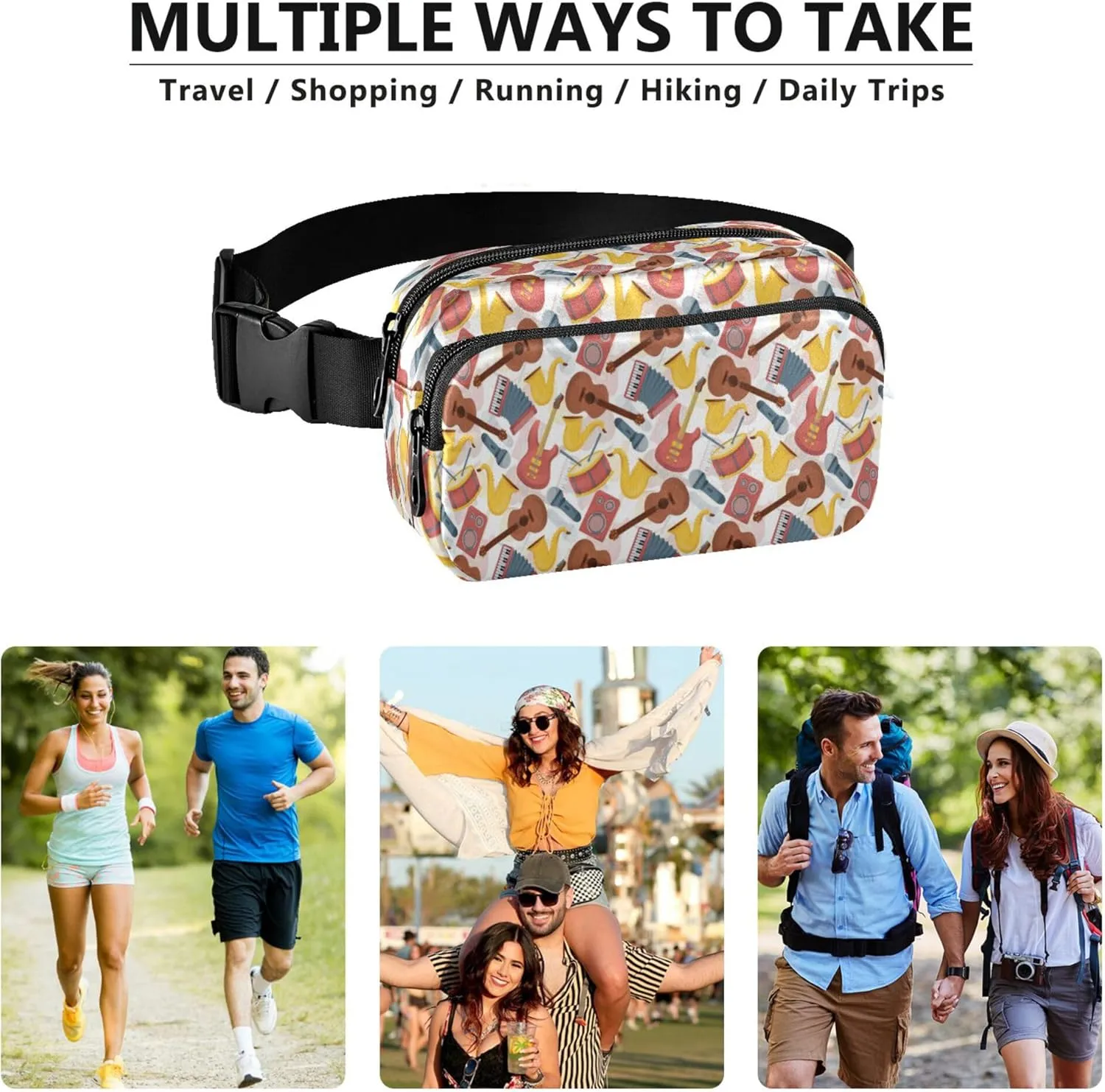 Exnundod Fanny Waist Packs Musical Instruments Pattern Colored Running Hiking Waist Pack Fashionable Zipper Belt Bag for Workout Traveling