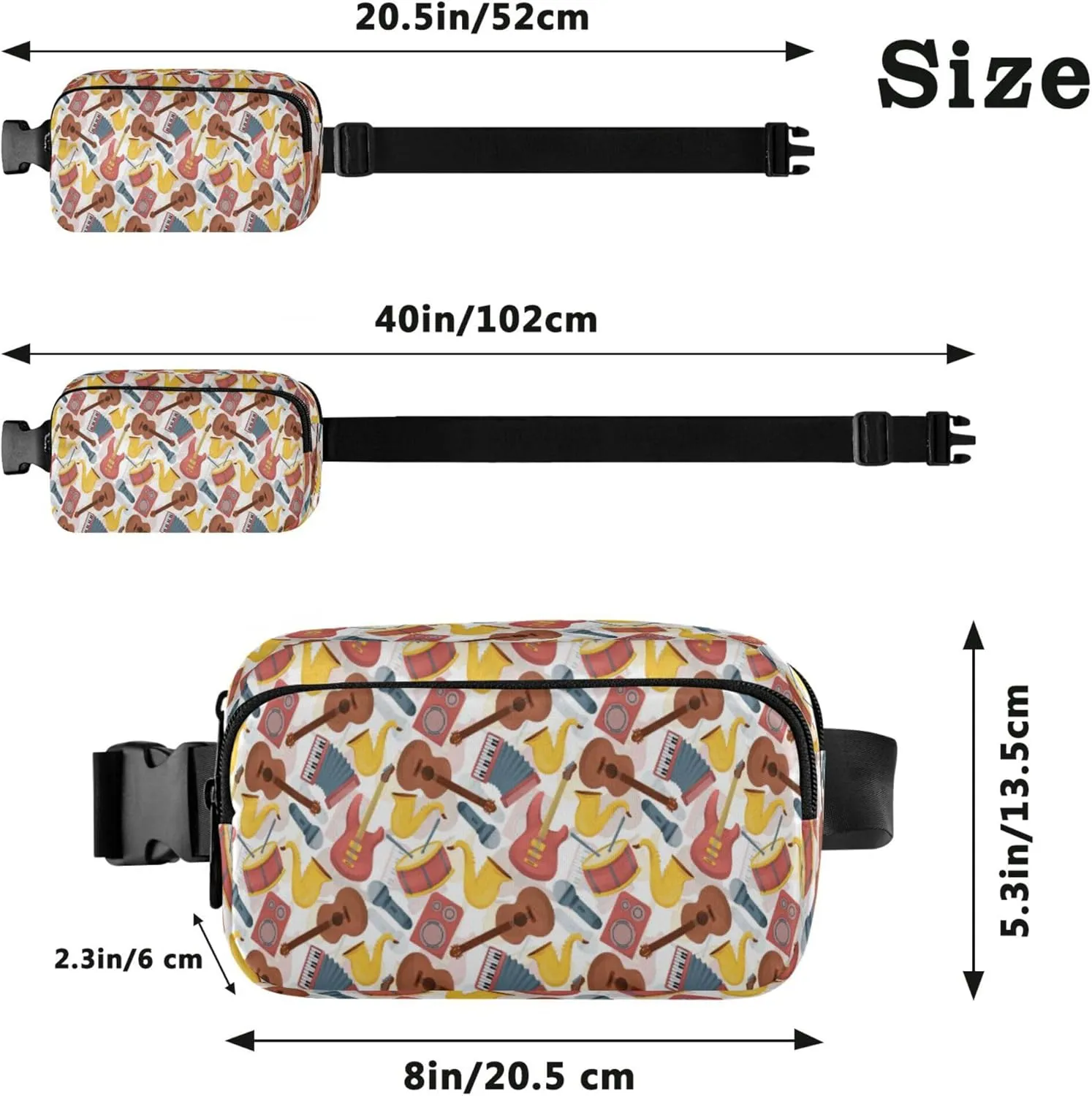 Exnundod Fanny Waist Packs Musical Instruments Pattern Colored Running Hiking Waist Pack Fashionable Zipper Belt Bag for Workout Traveling