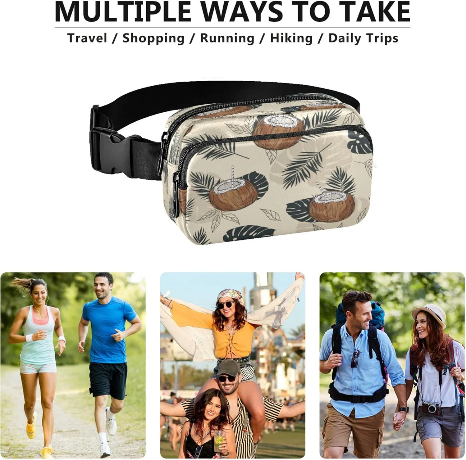 Exnundod Fanny Waist Packs Tropical Coconut Palm Leafs Running Hiking Waist Pack Fashionable Zipper Belt Bag for Workout Traveling