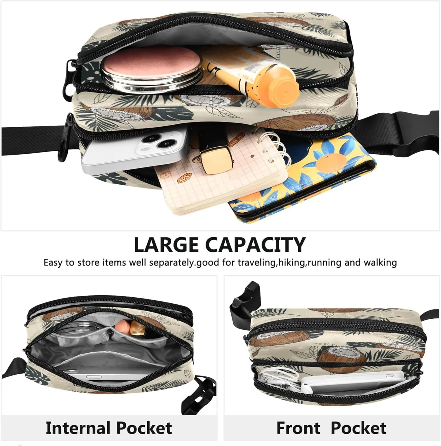 Exnundod Fanny Waist Packs Tropical Coconut Palm Leafs Running Hiking Waist Pack Fashionable Zipper Belt Bag for Workout Traveling