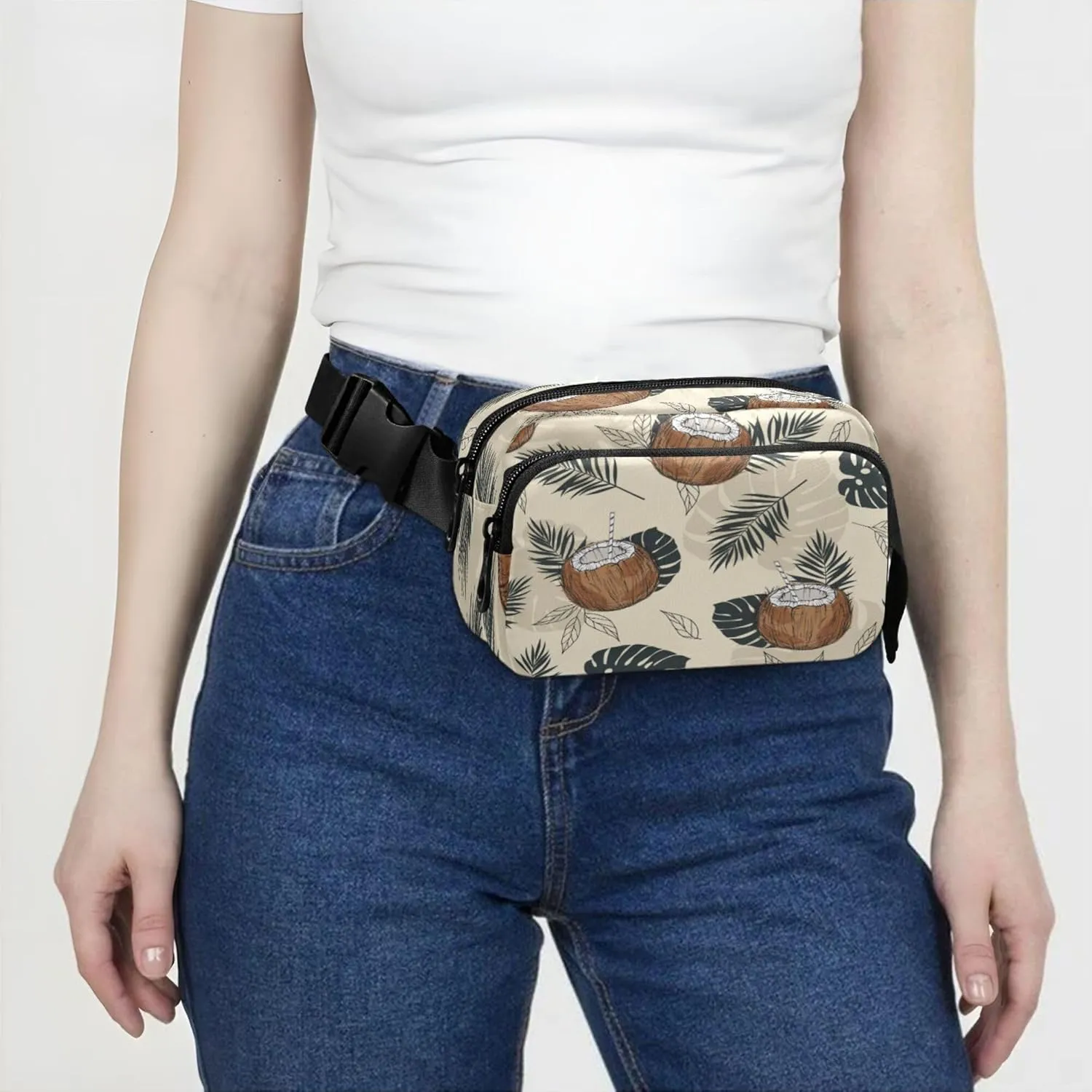 Exnundod Fanny Waist Packs Tropical Coconut Palm Leafs Running Hiking Waist Pack Fashionable Zipper Belt Bag for Workout Traveling
