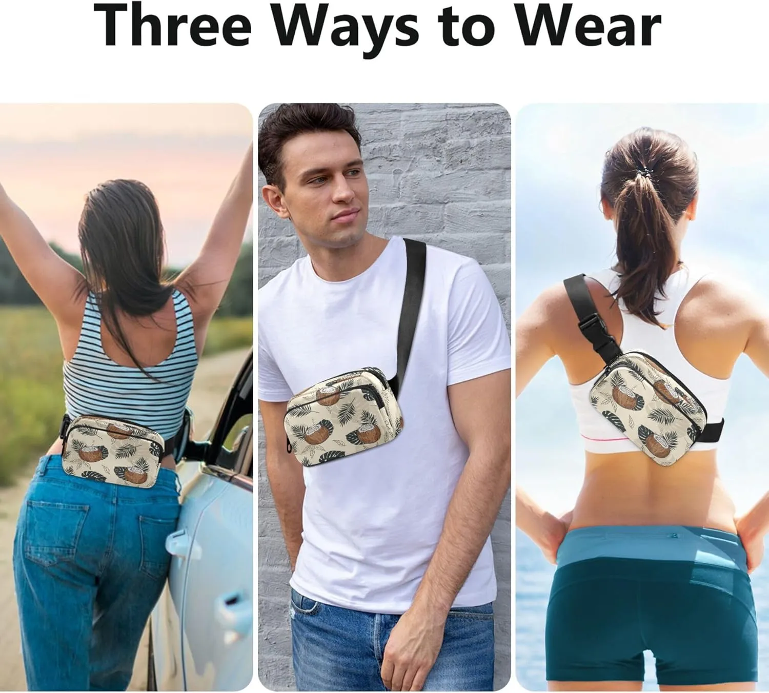 Exnundod Fanny Waist Packs Tropical Coconut Palm Leafs Running Hiking Waist Pack Fashionable Zipper Belt Bag for Workout Traveling