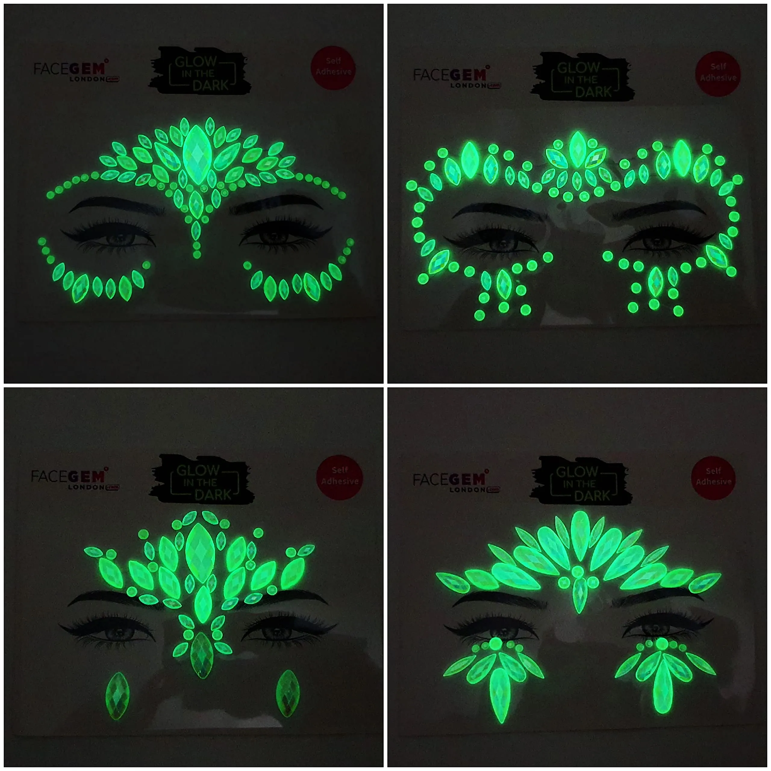 Face Gems Adhesive Glitter Jewel Tattoo Sticker Festival Gems Rave Party Body Make Up (GLOW IN THE DARK)
