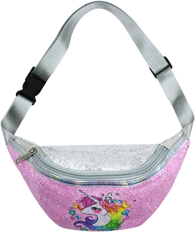 Glitter Sequins Fanny Pack Waist Pack Unicorn Sling Crossbody Bag Chest Bag for Kids Little Girls