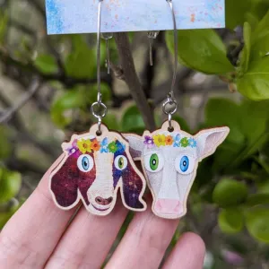 Goat and Cow with Flower Crowns- Mismatch Printed Wood Charm Earrings