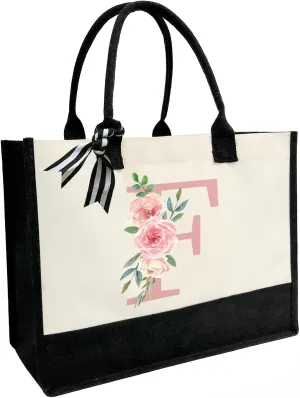 Initial Canvas Beach Tote Bag with Printed letter,Personalized Gifts for Women,Mom,Friends,Teachers and Bridesmaids