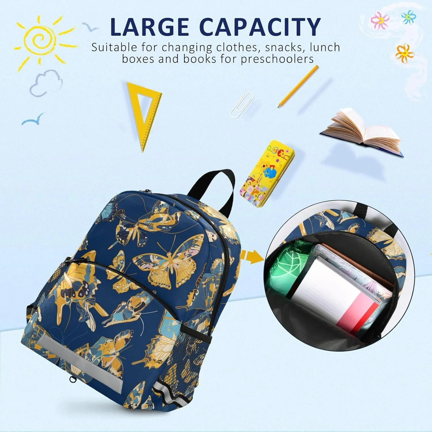KLL Blue and Yellow Butterflies Preschool Backpack Multifunctional Cute Bookbag Travel