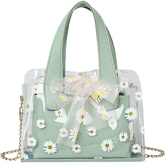 Korean Style Transparent Flower Magnetic Closure Crossbody Clear Jelly Purse Shoulder Bag for Women & Girls (Green)