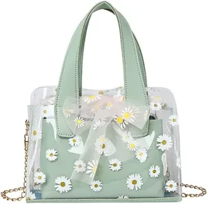 Korean Style Transparent Flower Magnetic Closure Crossbody Clear Jelly Purse Shoulder Bag for Women & Girls (Green)