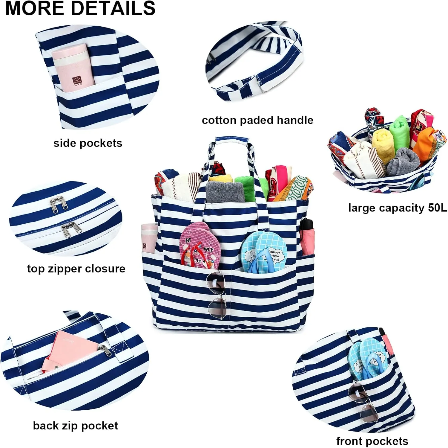 LEDAOU Large Beach Tote Bag Women Waterproof Sandproof Zipper Beach Tote Bag for Pool Gym Grocery Travel with Wet Pocket