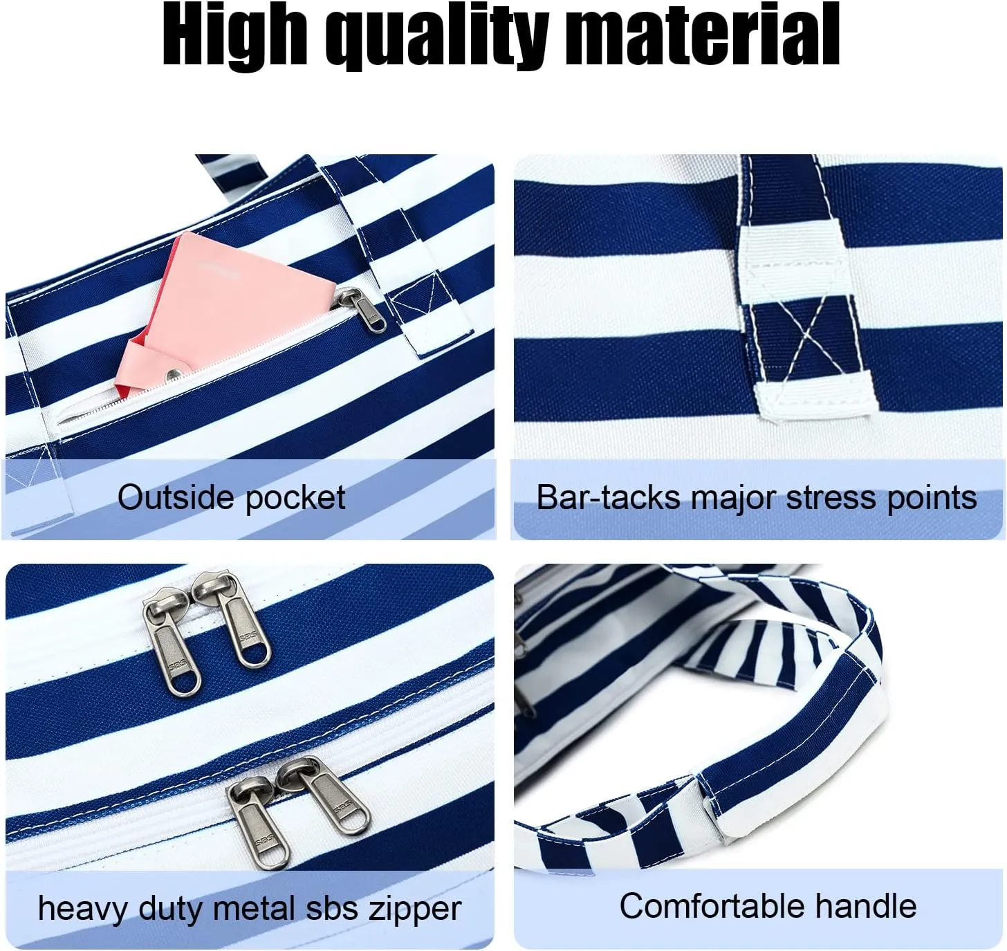 LEDAOU Large Beach Tote Bag Women Waterproof Sandproof Zipper Beach Tote Bag for Pool Gym Grocery Travel with Wet Pocket