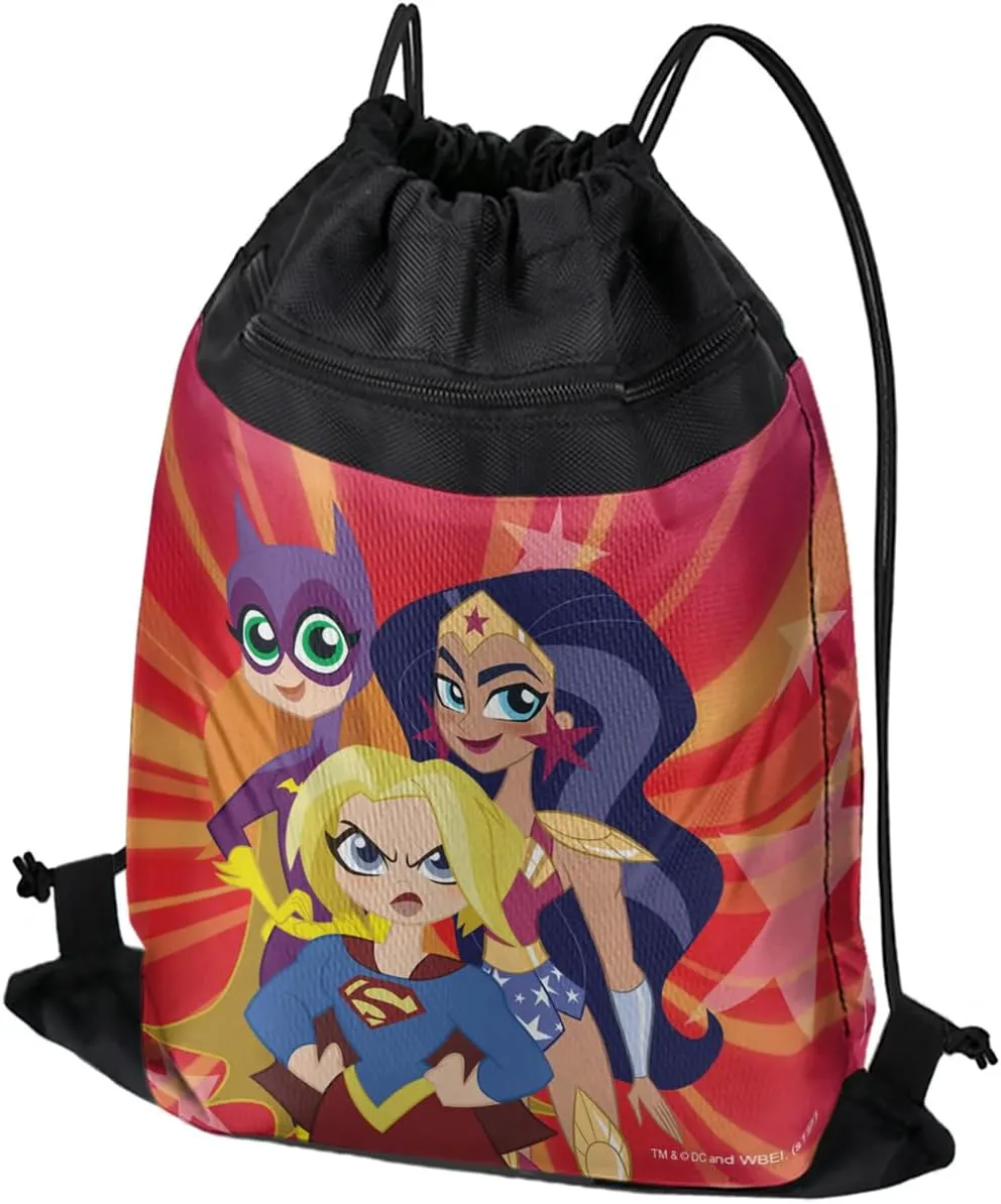 LOGOVISION DC Super Hero Girls Girl Group Drawstring Backpack Sports Bag Sackpack 17" x 13", Perfect for Gym, Yoga or Practice