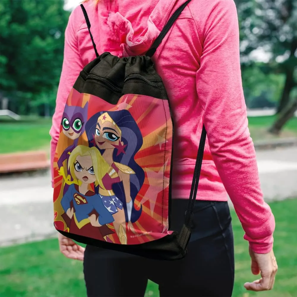 LOGOVISION DC Super Hero Girls Girl Group Drawstring Backpack Sports Bag Sackpack 17" x 13", Perfect for Gym, Yoga or Practice