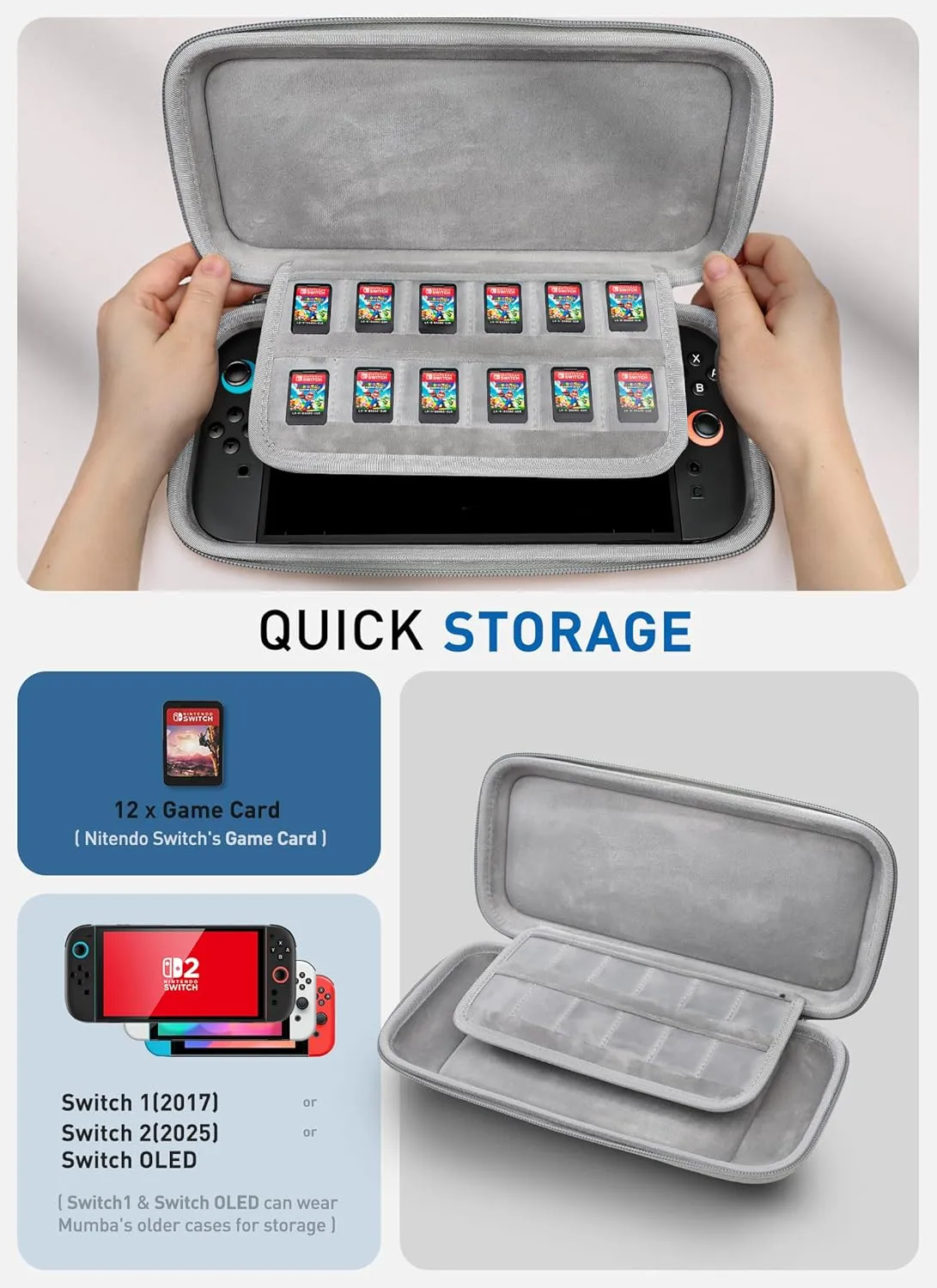 Mumba Carrying Case for Nintendo Switch 2 2025, [Mini Version] Travel Case with 12 Game Cartridge slot Portable Bag Protective Carry handbag Pouch Shell Accessories [Portable & Lightweight] (Gray)