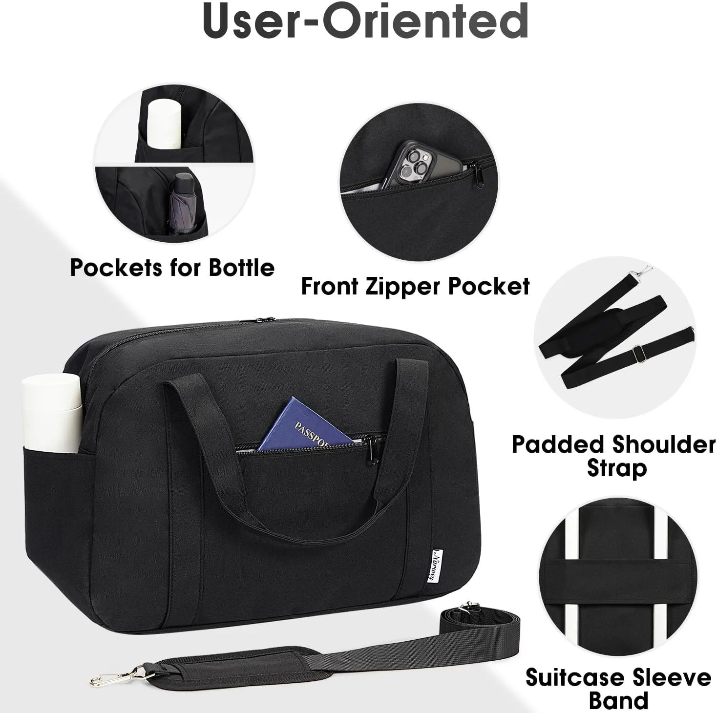 Narwey 18" Carry on Bag Underseat for Airplane Spirit Airlines Personal Item Travel Bag 18x14x8 Small Duffle Bag Duffel Bag Gym Weekender Overnight Bag with Wet Pocket for Women and Men (Black)