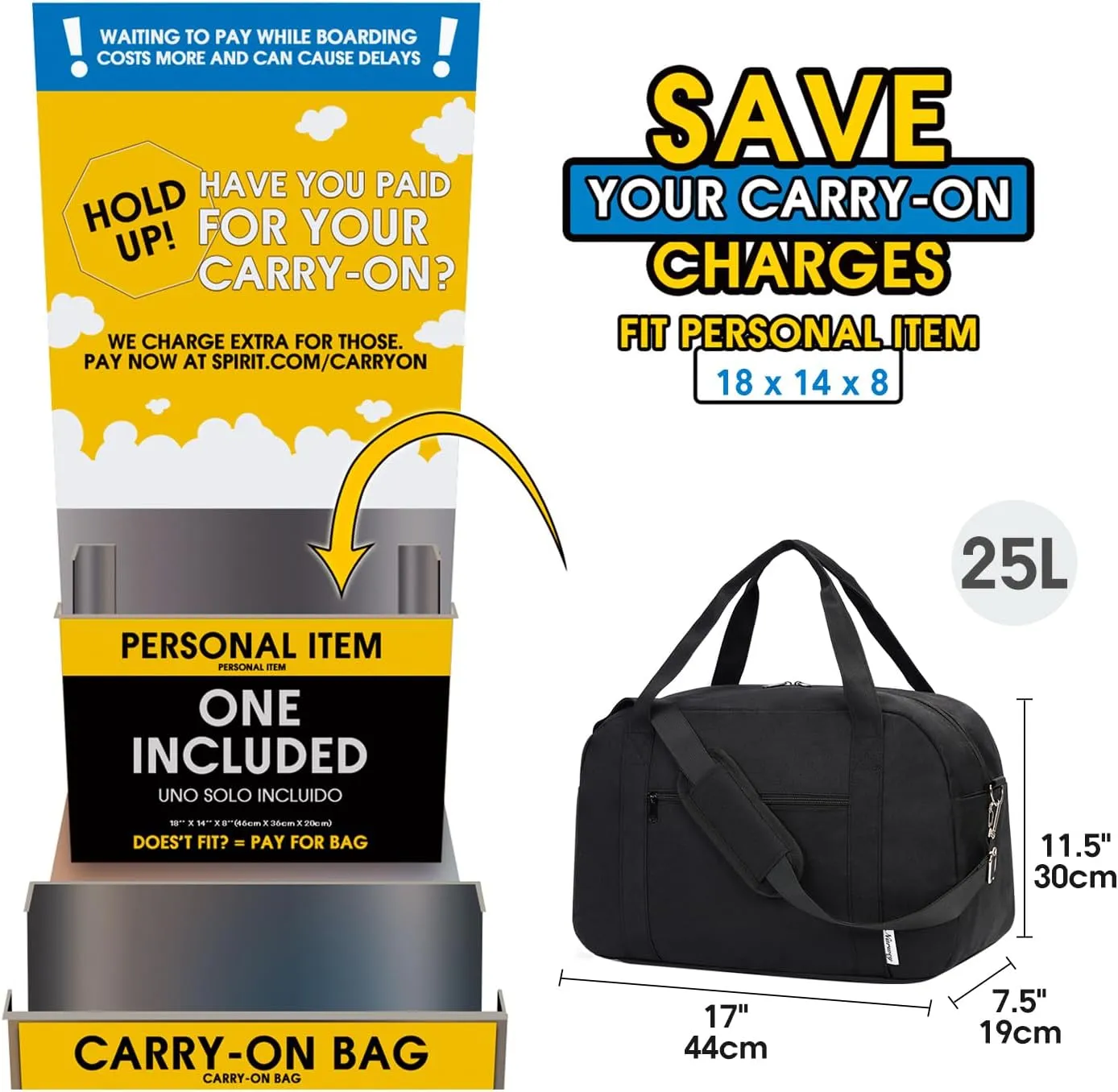 Narwey 18" Carry on Bag Underseat for Airplane Spirit Airlines Personal Item Travel Bag 18x14x8 Small Duffle Bag Duffel Bag Gym Weekender Overnight Bag with Wet Pocket for Women and Men (Black)