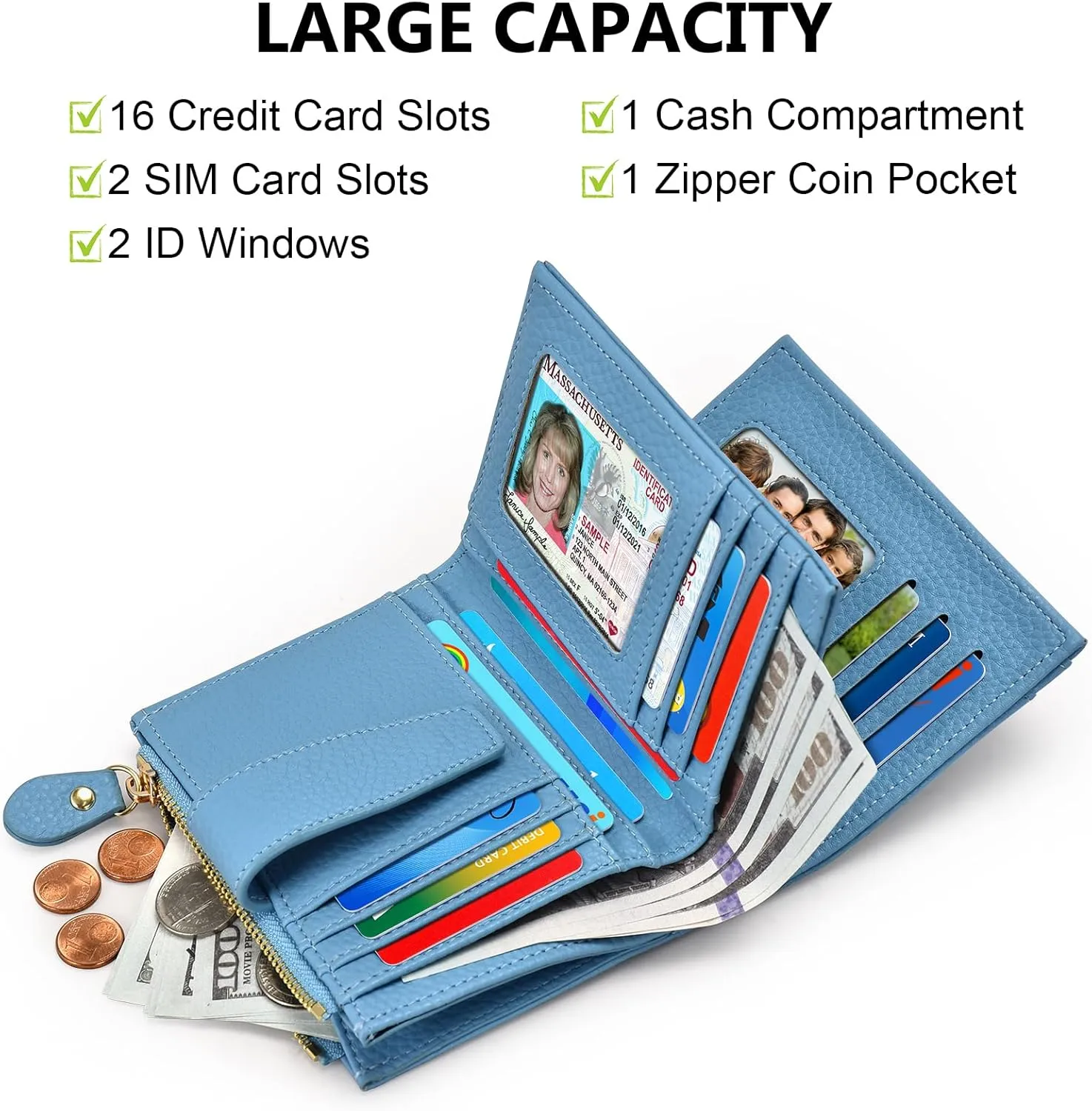oscaurt Small Wallet Women RFID Blocking Bifold Compact Credit Card Holder Leather Wallets for Women with Zipper Coin Pocket and 2 ID Window (Blue)