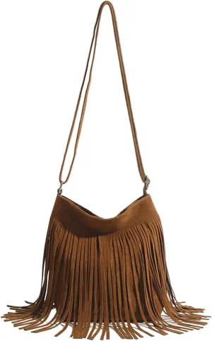 QWINEE Women's Fringe Hobo Bags Tassel Vintage Suede Crossbody Bag Shoulder Bags