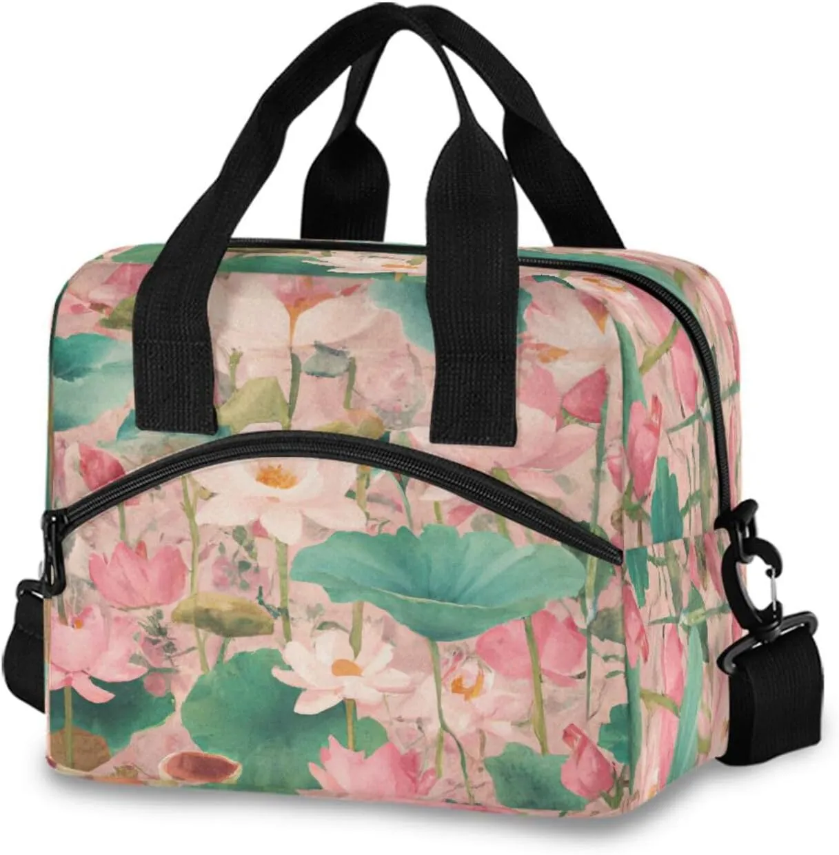 Reusable Lunch Bag Watercolor Lotus Pond Insulated Lunch Box Cooler Tote Removable Shoulder Strap Meal Picnic Bags for Outdoor Travel Office Work