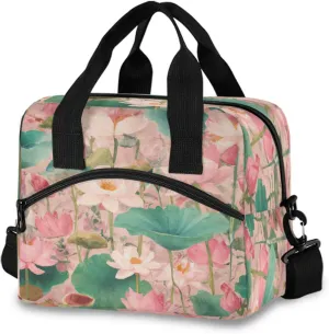 Reusable Lunch Bag Watercolor Lotus Pond Insulated Lunch Box Cooler Tote Removable Shoulder Strap Meal Picnic Bags for Outdoor Travel Office Work