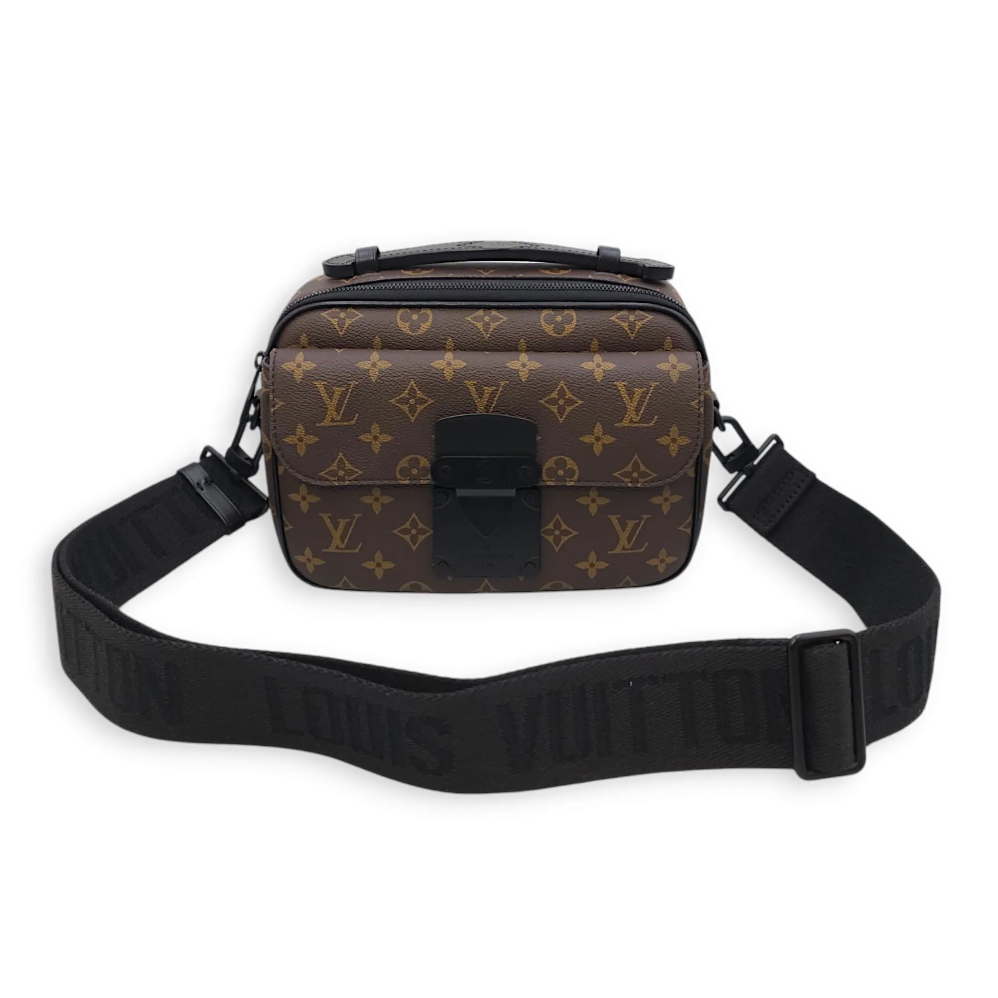 SLock Messenger Monogram Macassar Crossbody Bag in Calf, Canvas, Black powder coated hardware