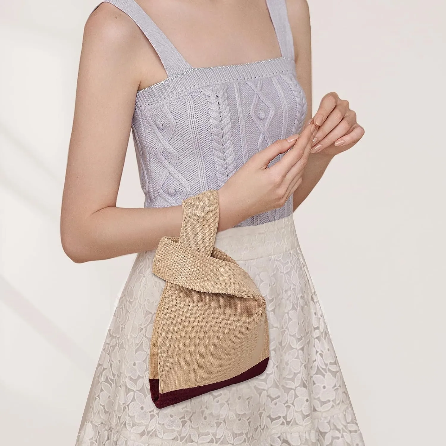 Small Crochet Knit Tote Wrist Bag, Portable Knot Sleeve Handle Bag Cute Wristlet Pouch Purse for Women