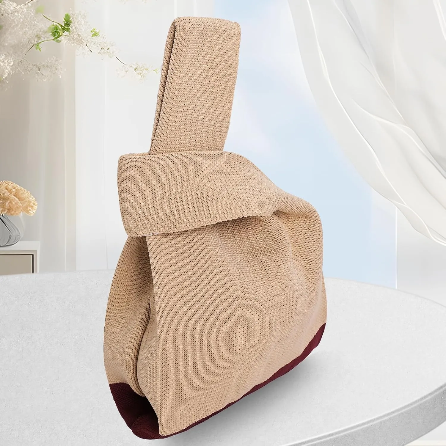 Small Crochet Knit Tote Wrist Bag, Portable Knot Sleeve Handle Bag Cute Wristlet Pouch Purse for Women