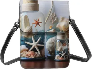 Small Crossbody Bags for Women Leather Cell Phone Purse Travel Wallet Bottle Seashell Starfish Lighthouse Cell Phone Bag Adjustable Strap