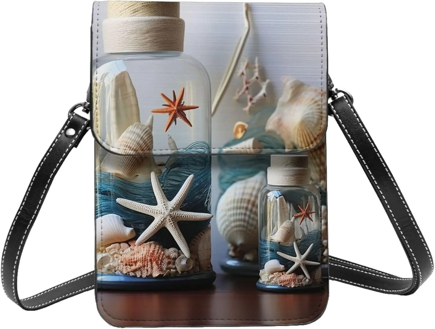 Small Crossbody Bags for Women Leather Cell Phone Purse Travel Wallet Bottle Seashell Starfish Lighthouse Cell Phone Bag Adjustable Strap