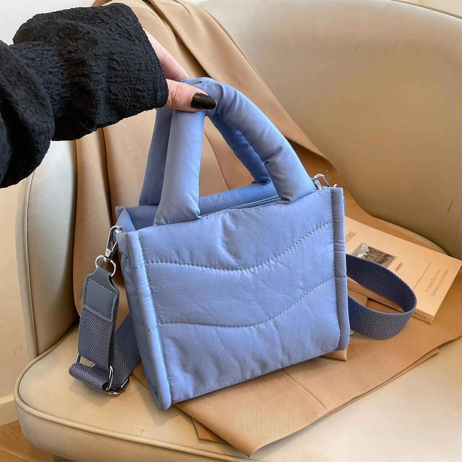 Small Puffer Tote Bag for Women Handbag, Quilted Nylon Shoulder Crossbody Puffy Padded Purse