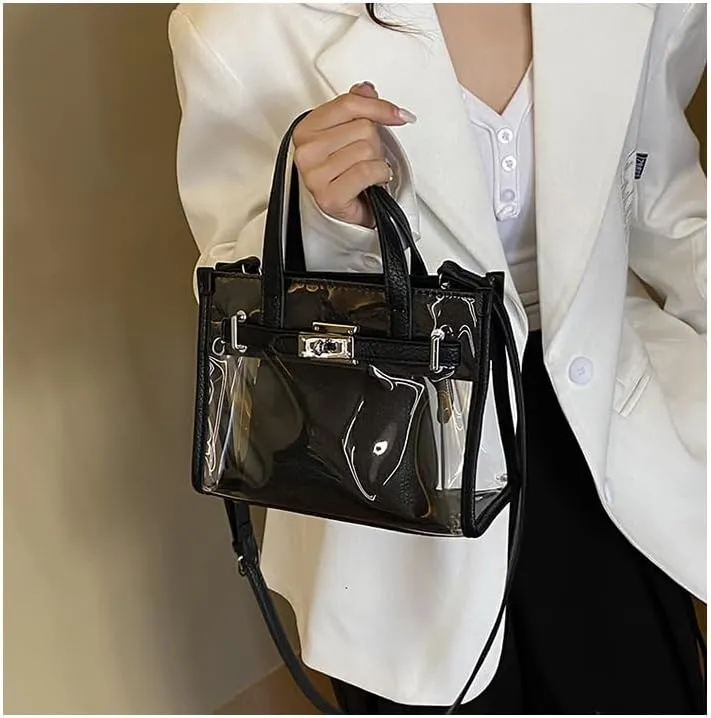 Tote Bag for Women PVC Clear Plastic Handbags PU Leather Shoulder Crossbody Bags Jelly Bags Purses(Black)