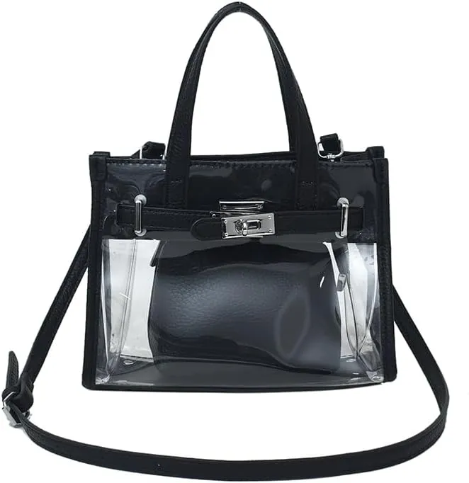 Tote Bag for Women PVC Clear Plastic Handbags PU Leather Shoulder Crossbody Bags Jelly Bags Purses(Black)
