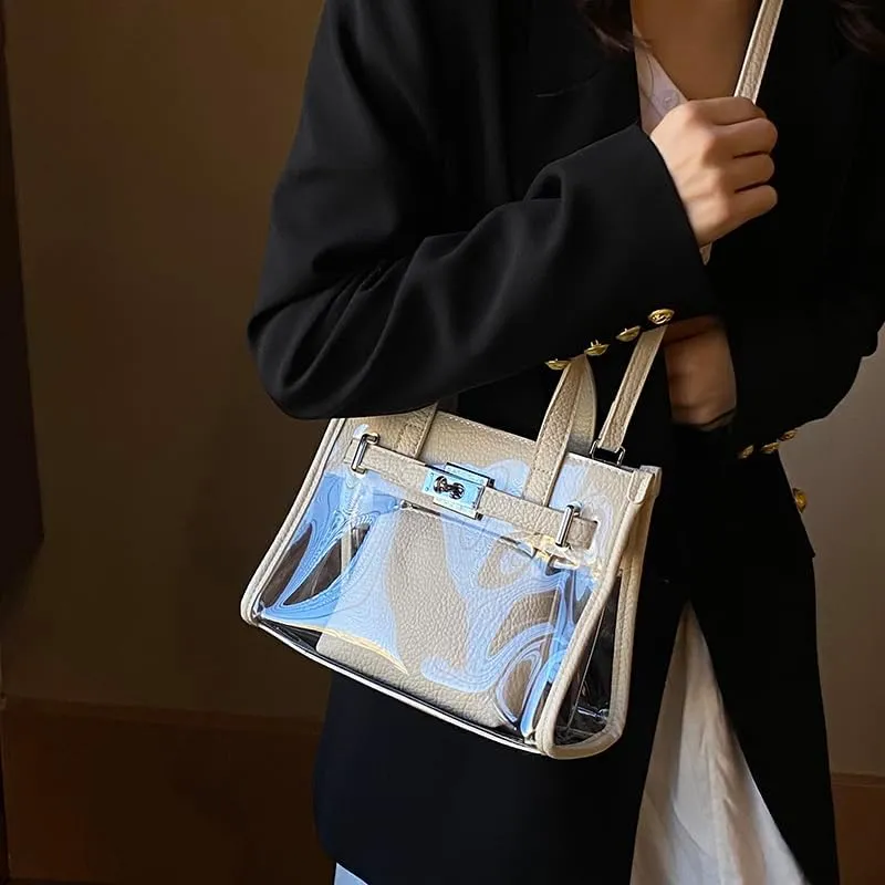 Tote Bag for Women PVC Clear Plastic Handbags PU Leather Shoulder Crossbody Bags Jelly Bags Purses(White)