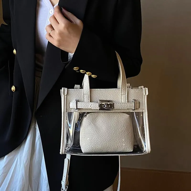 Tote Bag for Women PVC Clear Plastic Handbags PU Leather Shoulder Crossbody Bags Jelly Bags Purses(White)