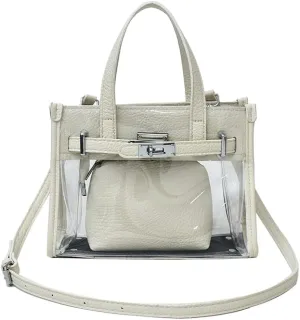 Tote Bag for Women PVC Clear Plastic Handbags PU Leather Shoulder Crossbody Bags Jelly Bags Purses(White)