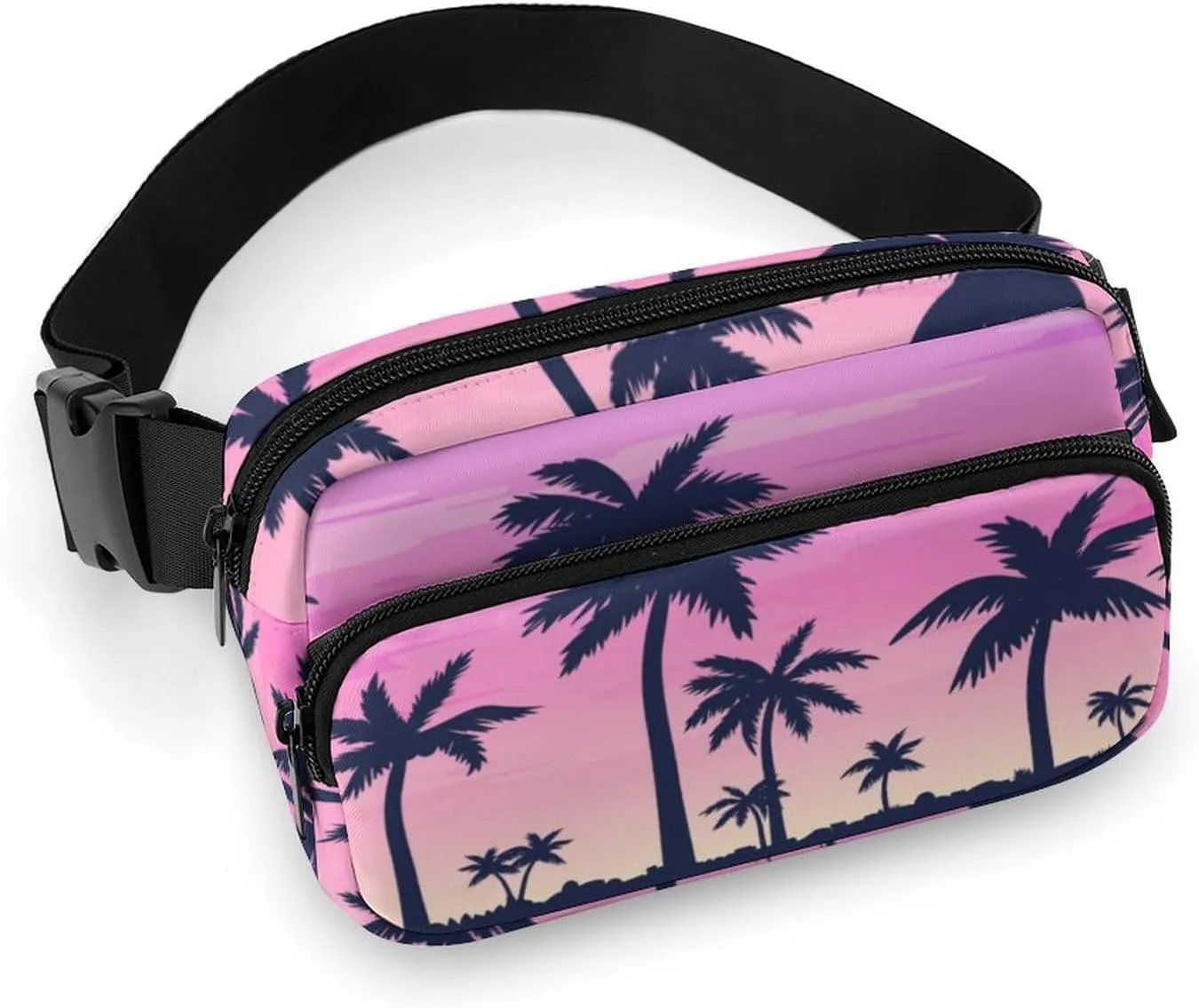 Tropical Palm Trees Belt Bag Fanny Pack for Women Men Purple Sky Crossbody Waist Bag Pack Adjustable Casual Bag for Travel Running Workout Cycling