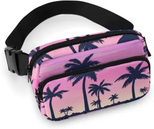Tropical Palm Trees Belt Bag Fanny Pack for Women Men Purple Sky Crossbody Waist Bag Pack Adjustable Casual Bag for Travel Running Workout Cycling