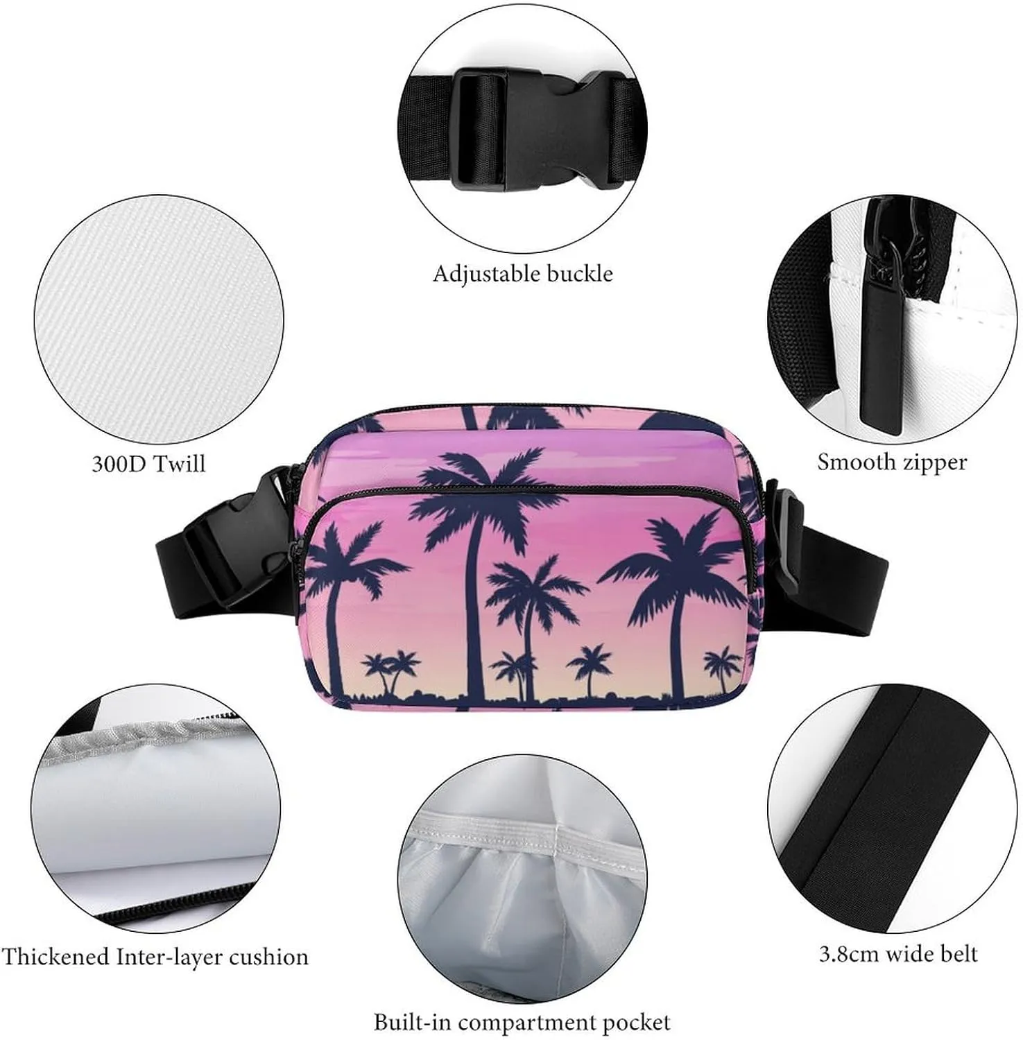 Tropical Palm Trees Belt Bag Fanny Pack for Women Men Purple Sky Crossbody Waist Bag Pack Adjustable Casual Bag for Travel Running Workout Cycling