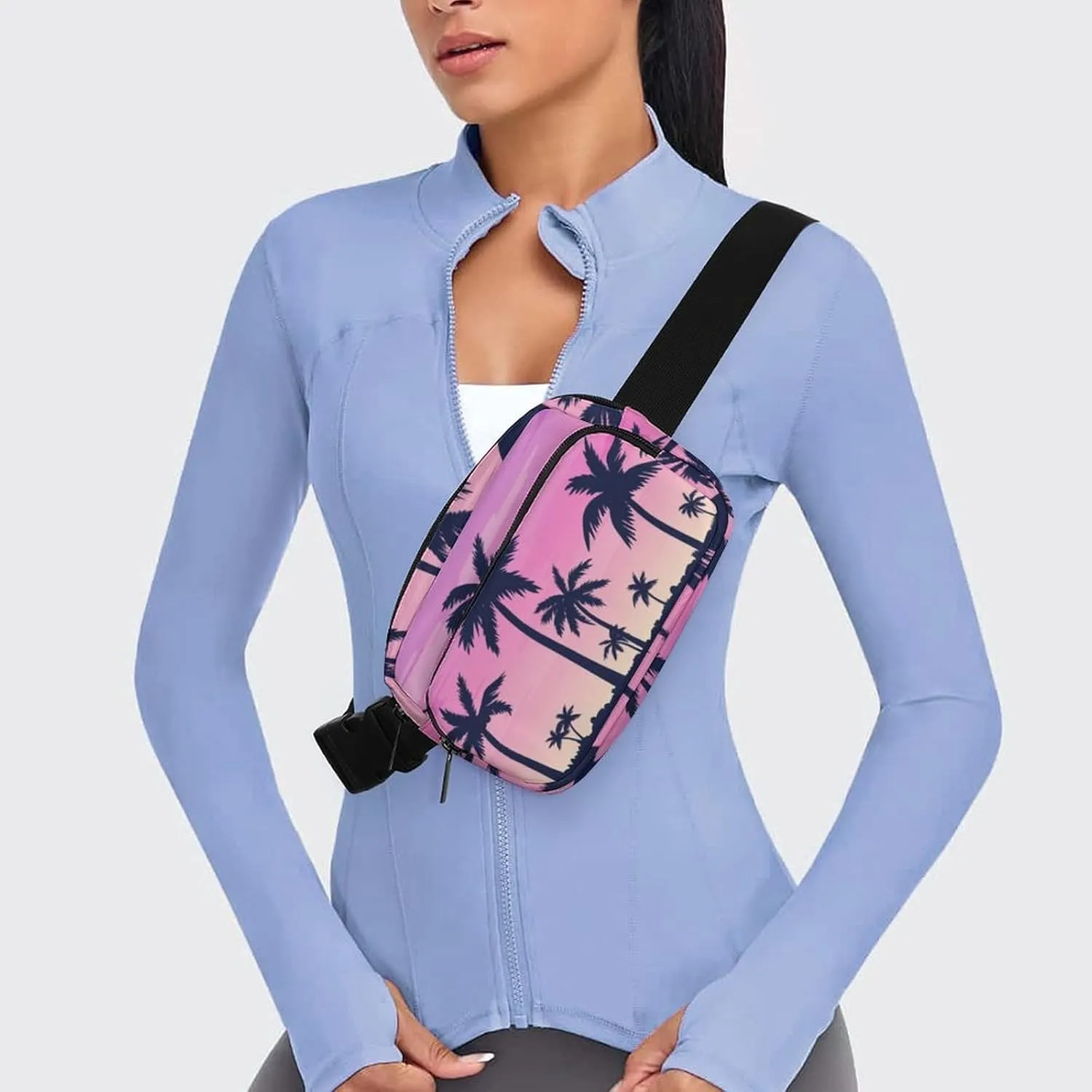 Tropical Palm Trees Belt Bag Fanny Pack for Women Men Purple Sky Crossbody Waist Bag Pack Adjustable Casual Bag for Travel Running Workout Cycling