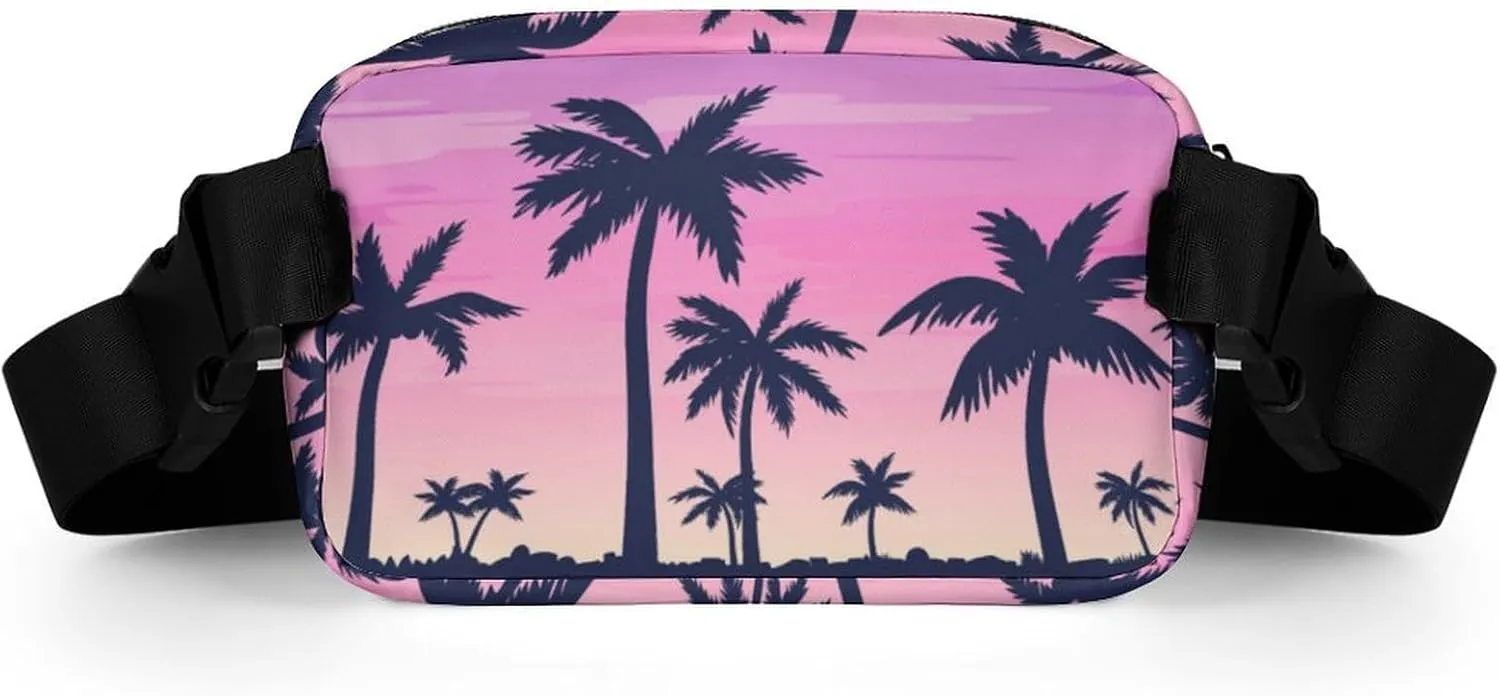 Tropical Palm Trees Belt Bag Fanny Pack for Women Men Purple Sky Crossbody Waist Bag Pack Adjustable Casual Bag for Travel Running Workout Cycling
