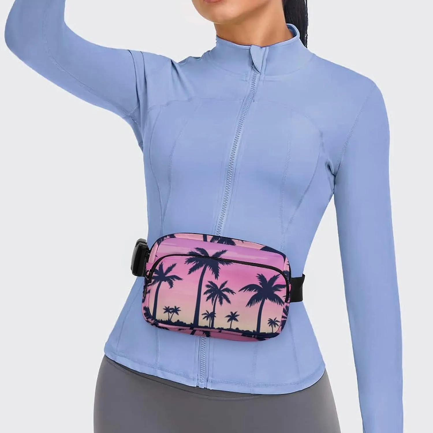Tropical Palm Trees Belt Bag Fanny Pack for Women Men Purple Sky Crossbody Waist Bag Pack Adjustable Casual Bag for Travel Running Workout Cycling