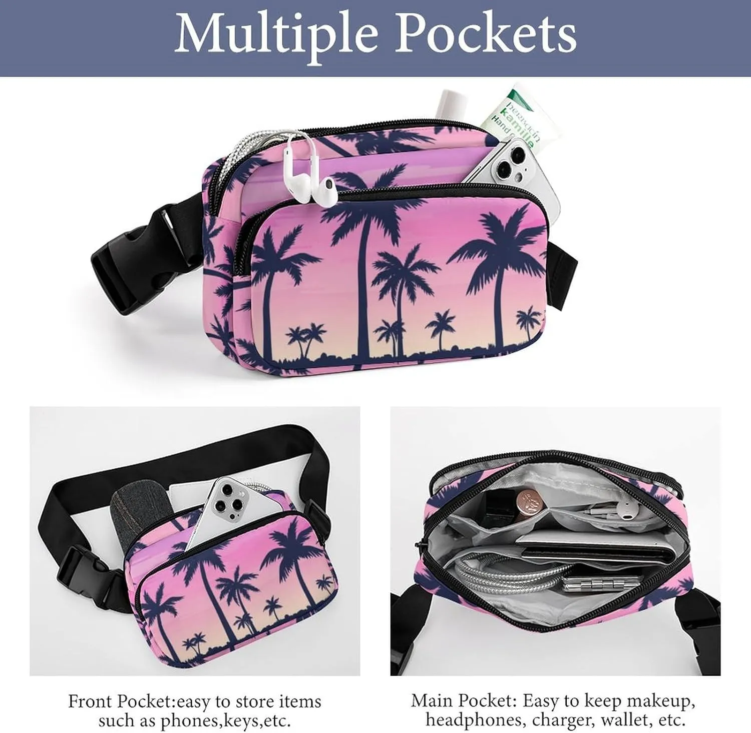Tropical Palm Trees Belt Bag Fanny Pack for Women Men Purple Sky Crossbody Waist Bag Pack Adjustable Casual Bag for Travel Running Workout Cycling
