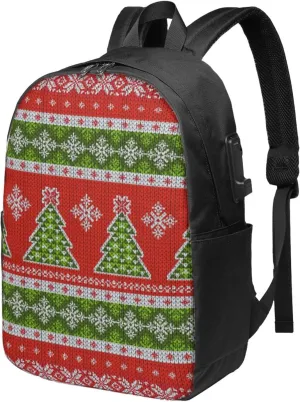 Ugly Sweater Christmas Usb Travel Laptop Backpack  Durable Polyester Backbag With Charging Port & Headphone Jack