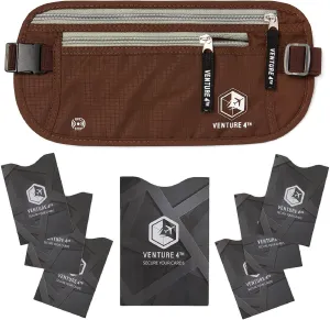 VENTURE 4TH Slim Minimalist Design RFID Money Belt with RFID Blocking Sleeves, for Men and Women  Ideal for Keeping Your Cash, Credit Card, Passport, Phone Secure When Traveling - Brown