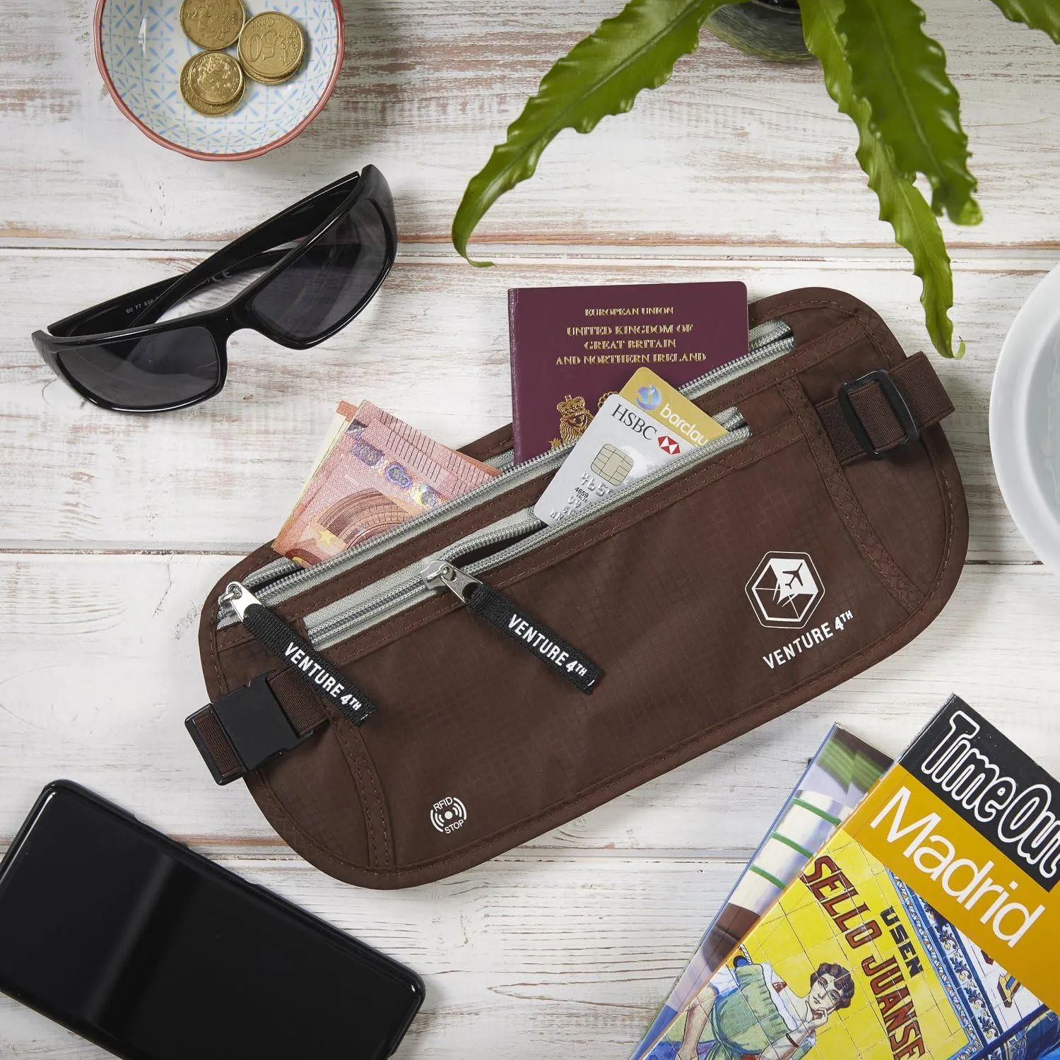 VENTURE 4TH Slim Minimalist Design RFID Money Belt with RFID Blocking Sleeves, for Men and Women  Ideal for Keeping Your Cash, Credit Card, Passport, Phone Secure When Traveling - Brown