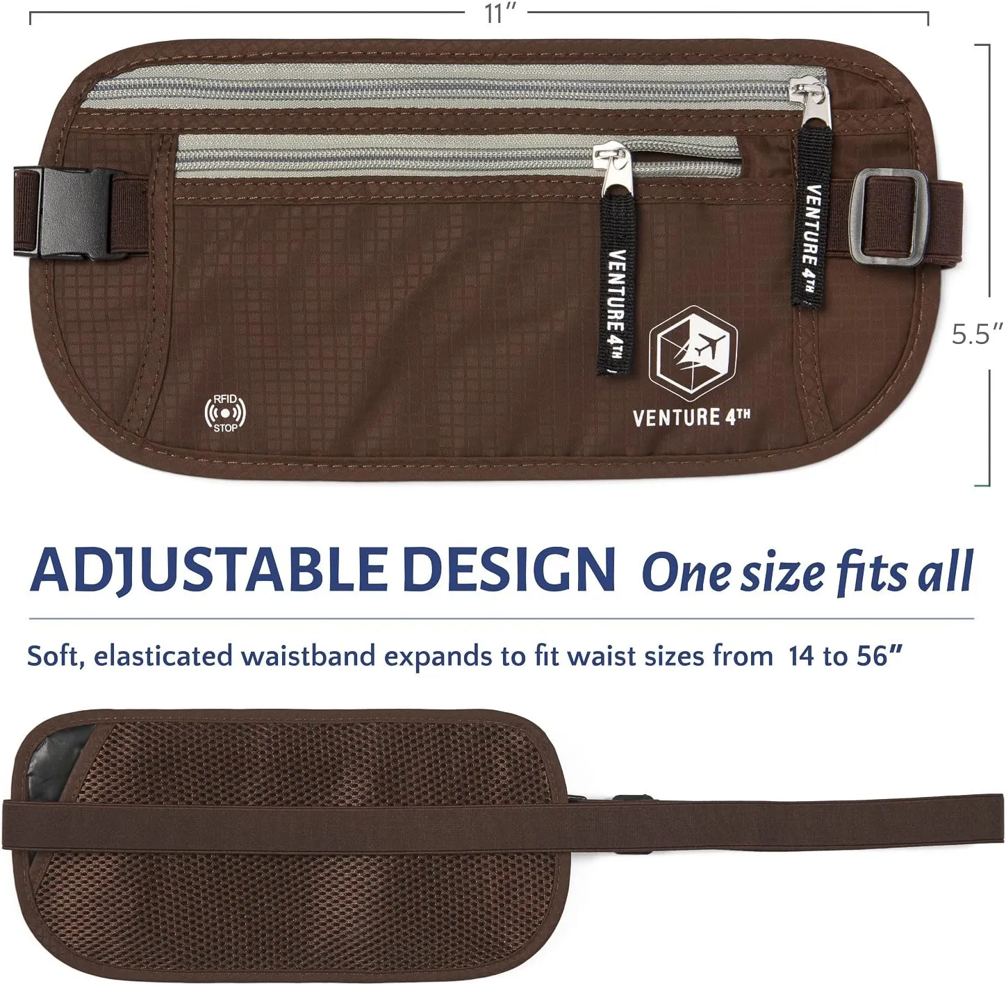 VENTURE 4TH Slim Minimalist Design RFID Money Belt with RFID Blocking Sleeves, for Men and Women  Ideal for Keeping Your Cash, Credit Card, Passport, Phone Secure When Traveling - Brown
