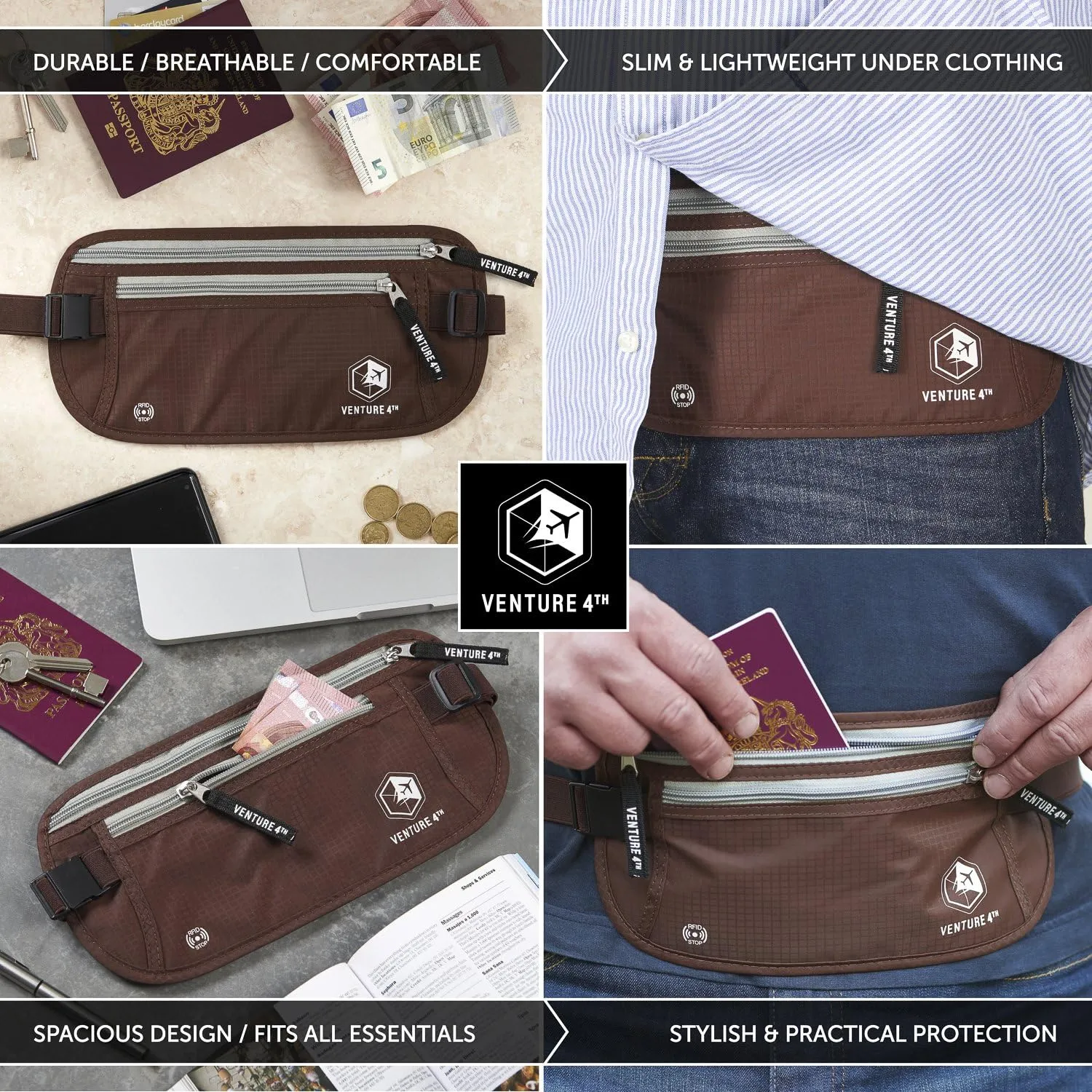 VENTURE 4TH Slim Minimalist Design RFID Money Belt with RFID Blocking Sleeves, for Men and Women  Ideal for Keeping Your Cash, Credit Card, Passport, Phone Secure When Traveling - Brown