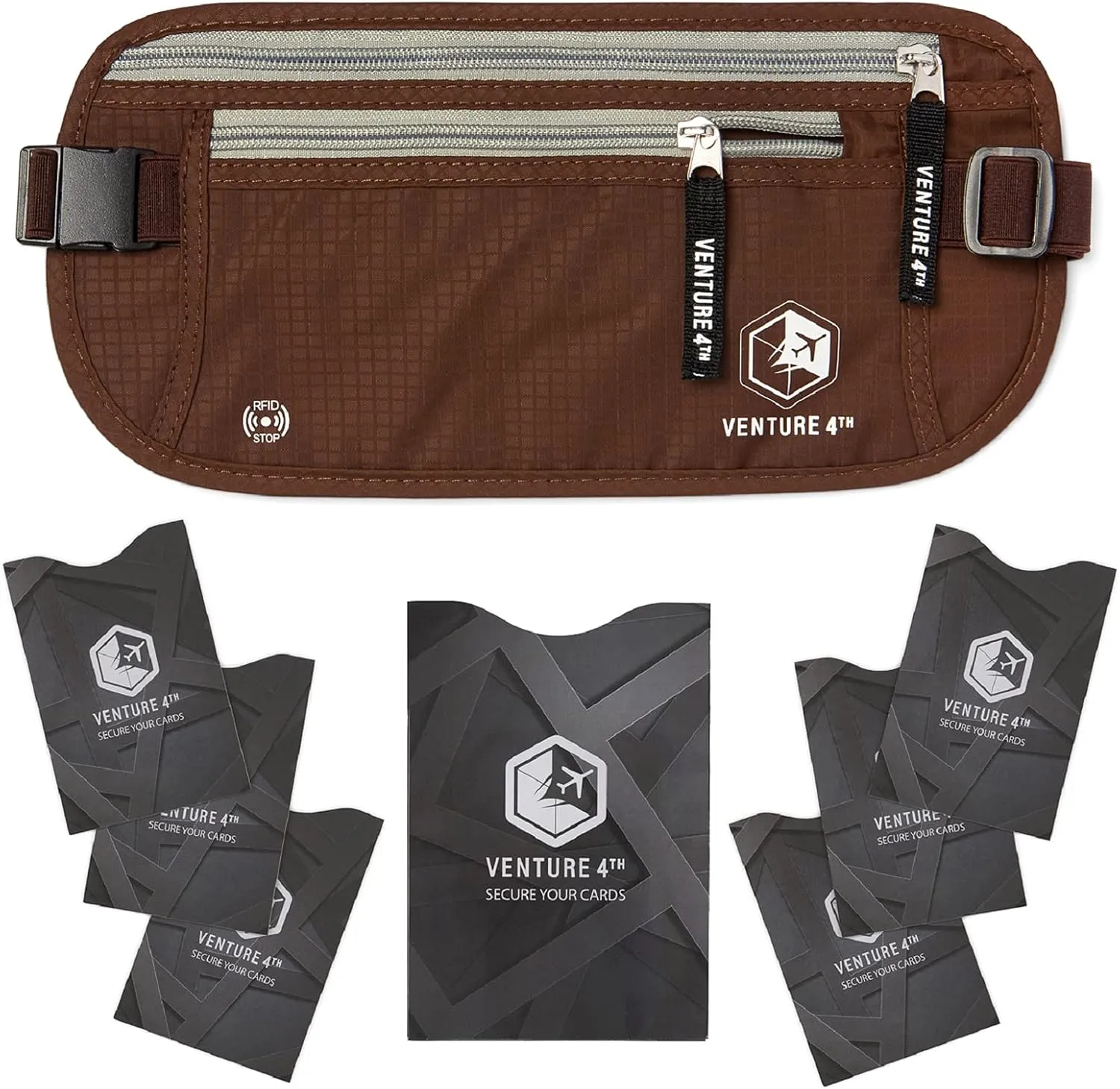 VENTURE 4TH Slim Minimalist Design RFID Money Belt with RFID Blocking Sleeves, for Men and Women  Ideal for Keeping Your Cash, Credit Card, Passport, Phone Secure When Traveling - Brown