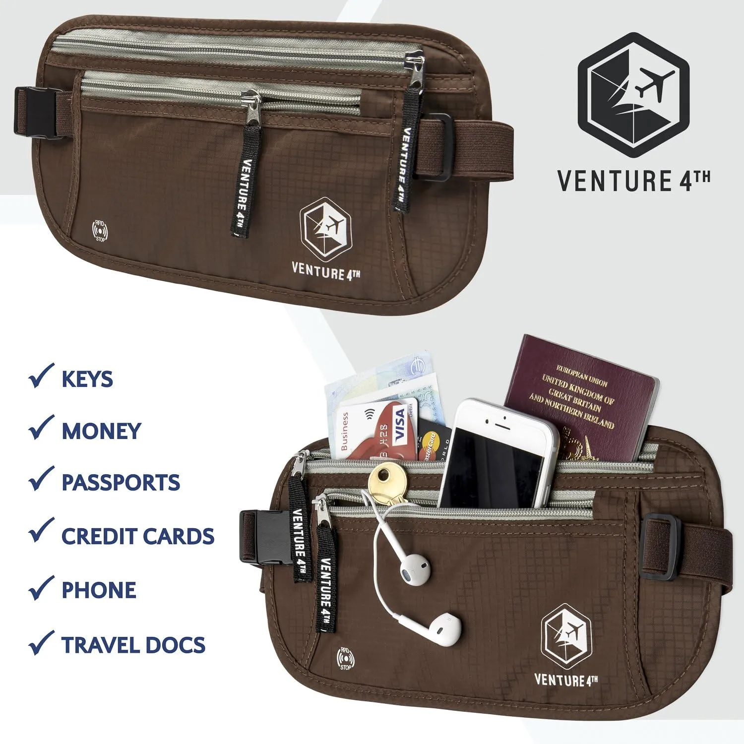 VENTURE 4TH Slim Minimalist Design RFID Money Belt with RFID Blocking Sleeves, for Men and Women  Ideal for Keeping Your Cash, Credit Card, Passport, Phone Secure When Traveling - Brown