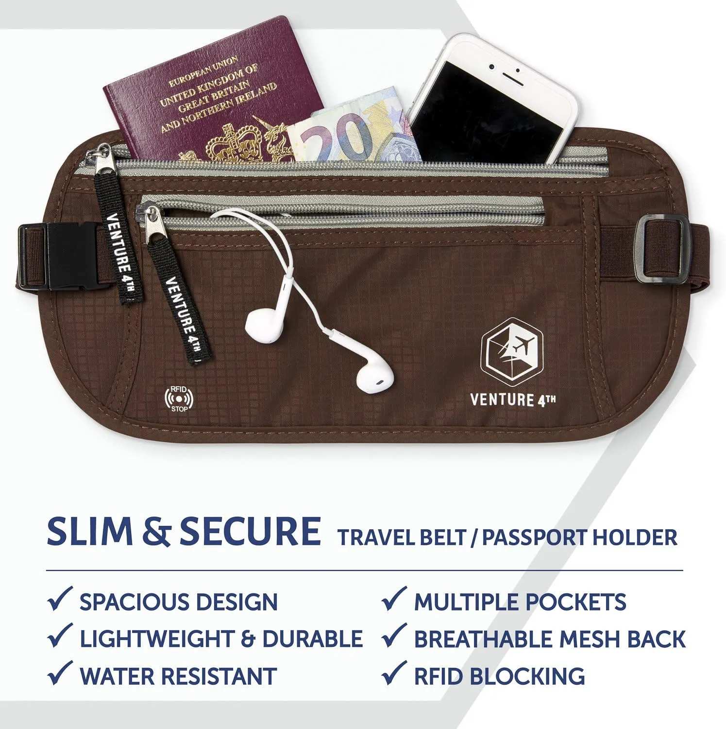 VENTURE 4TH Slim Minimalist Design RFID Money Belt with RFID Blocking Sleeves, for Men and Women  Ideal for Keeping Your Cash, Credit Card, Passport, Phone Secure When Traveling - Brown